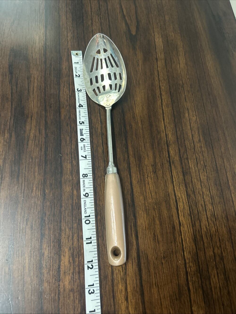 Vintage Ekco Slotted Serving Spoon Painted Wood Handle Copper- Paint Peeling 12”